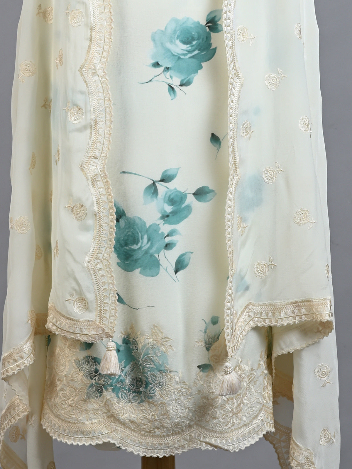 White & Blue Printed Embroidered Kurta Set - Unstitched
