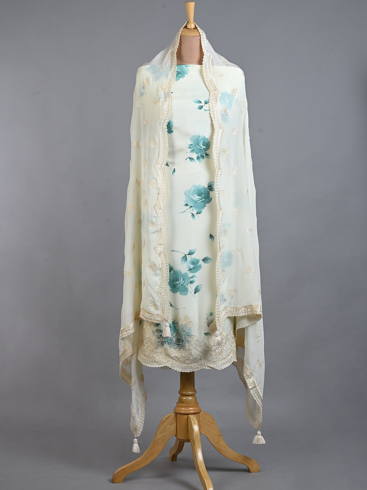 White & Blue Printed Embroidered Kurta Set - Unstitched