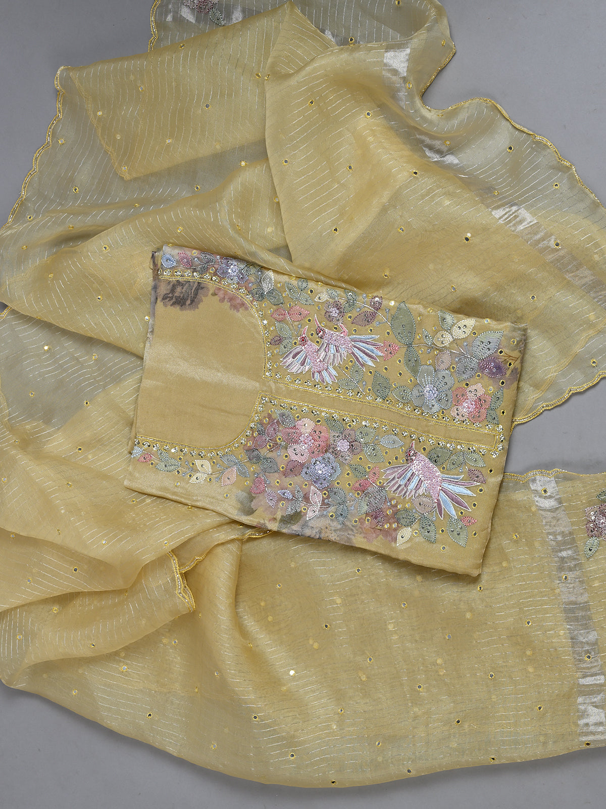 Charming Yellow Tissue Kurta Set with Shadow Work - Unstitched