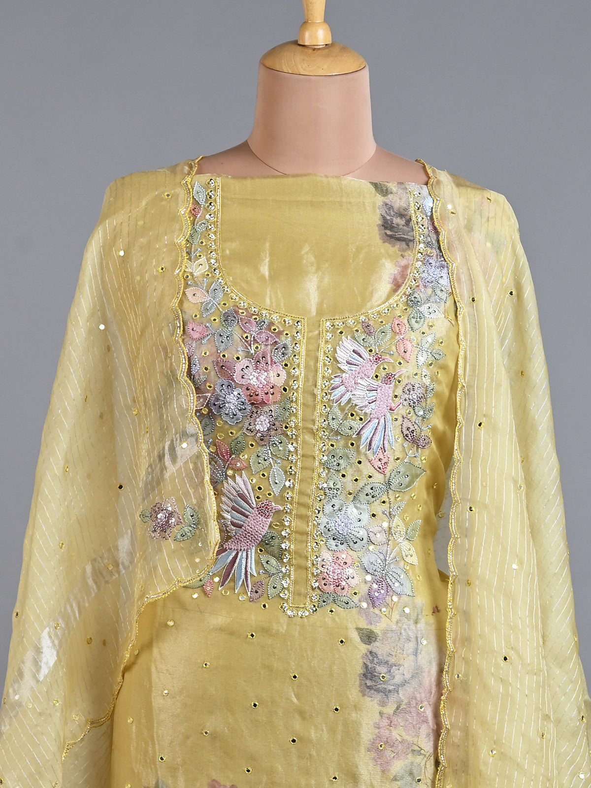 Charming Yellow Tissue Kurta Set with Shadow Work - Unstitched
