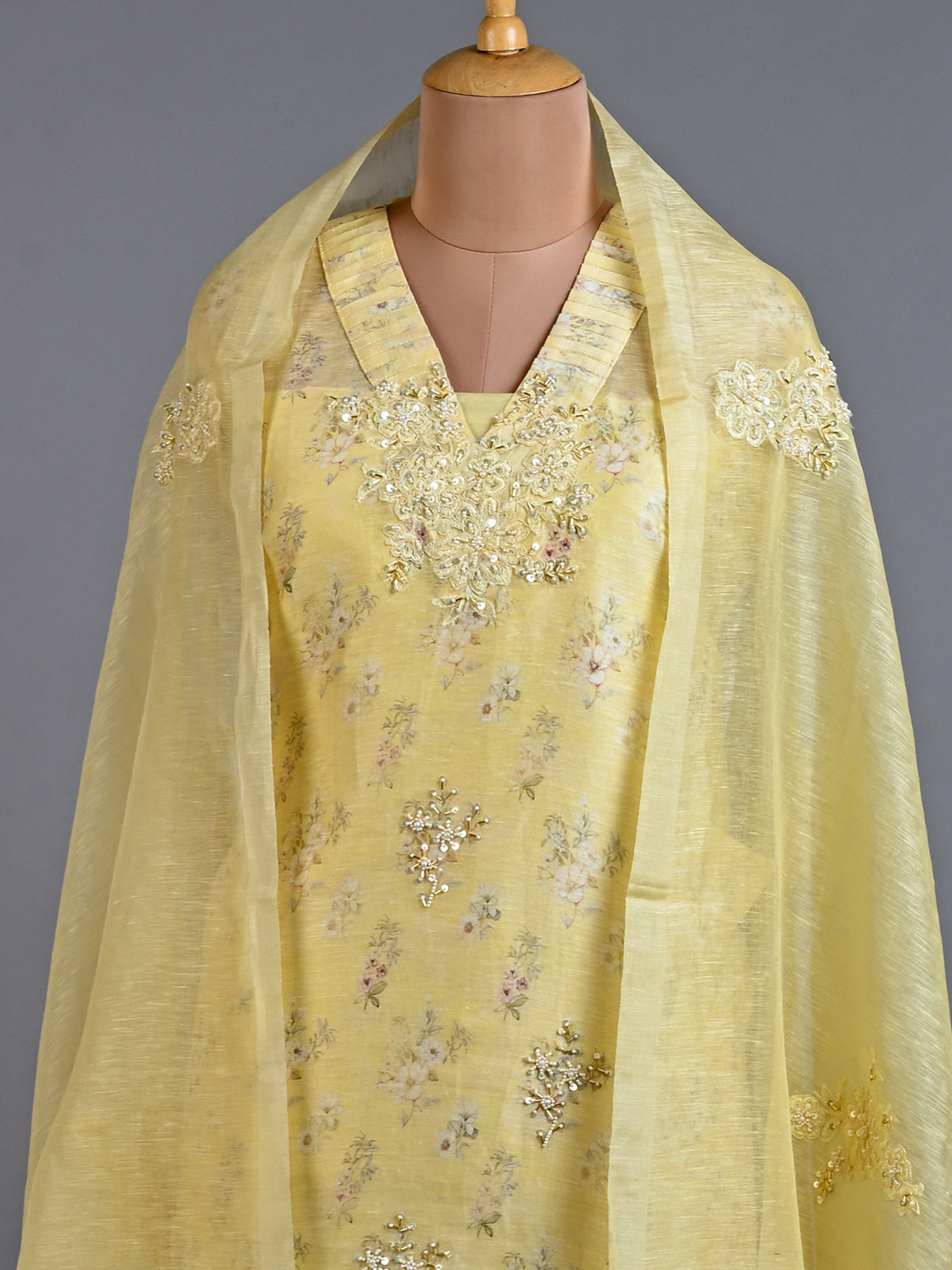 Yellow Linen Cutdana Kurta Set with Resham & Sequins Details - Unstitched