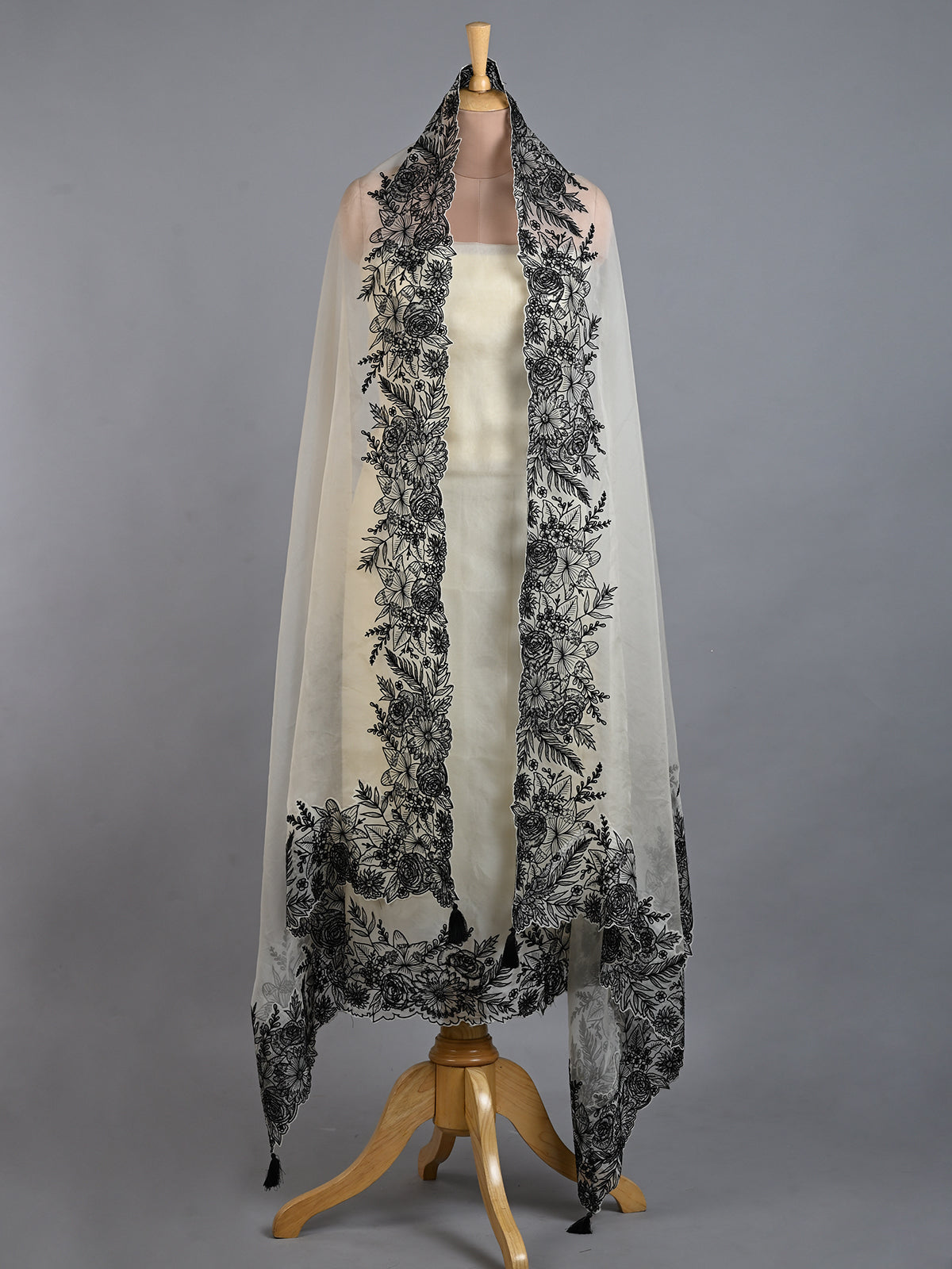 White & Black Embroidered Organza Kurta Set - Unstitched
