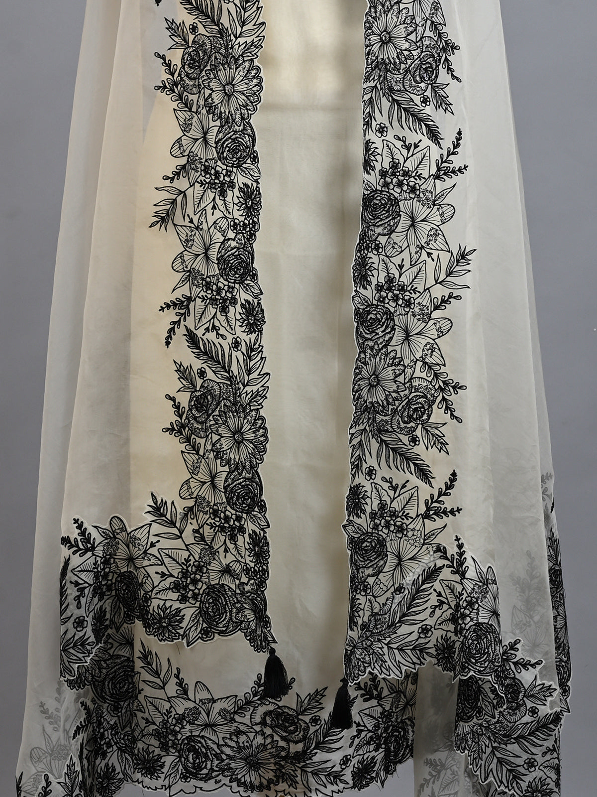 White & Black Embroidered Organza Kurta Set - Unstitched