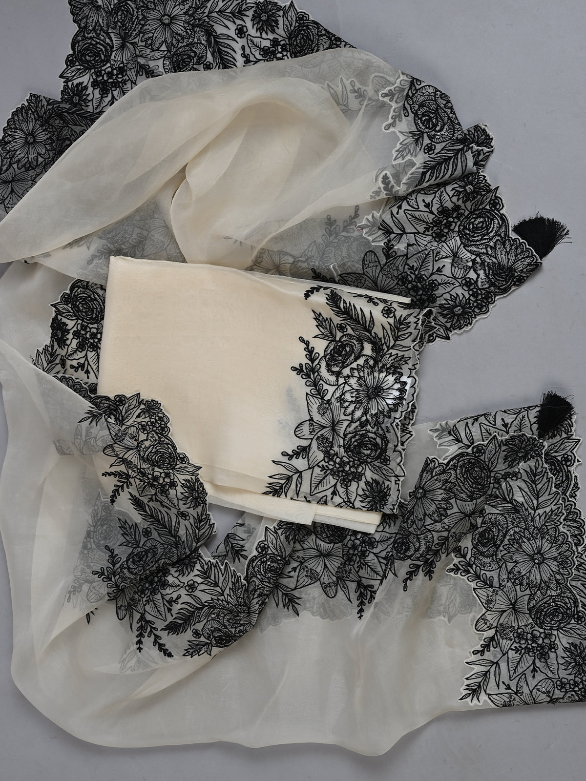 White & Black Embroidered Organza Kurta Set - Unstitched