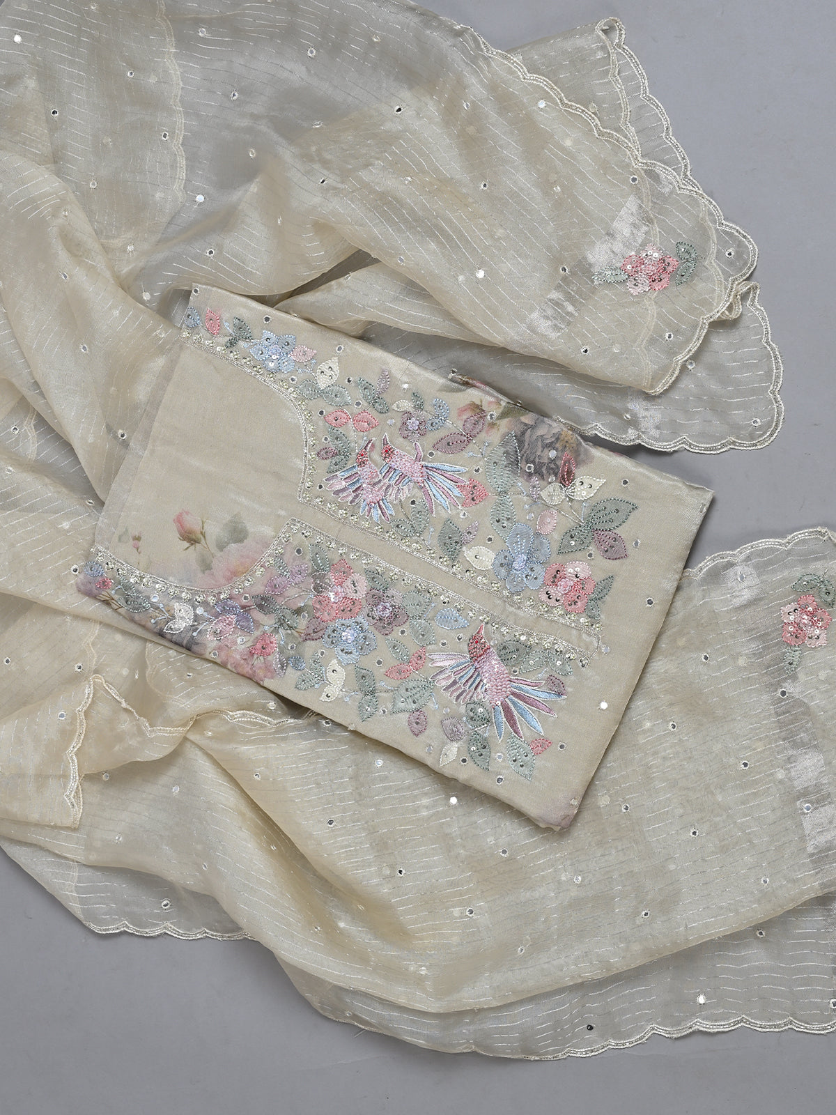 Charming Off White Tissue Kurta Set with Shadow Work - Unstitched