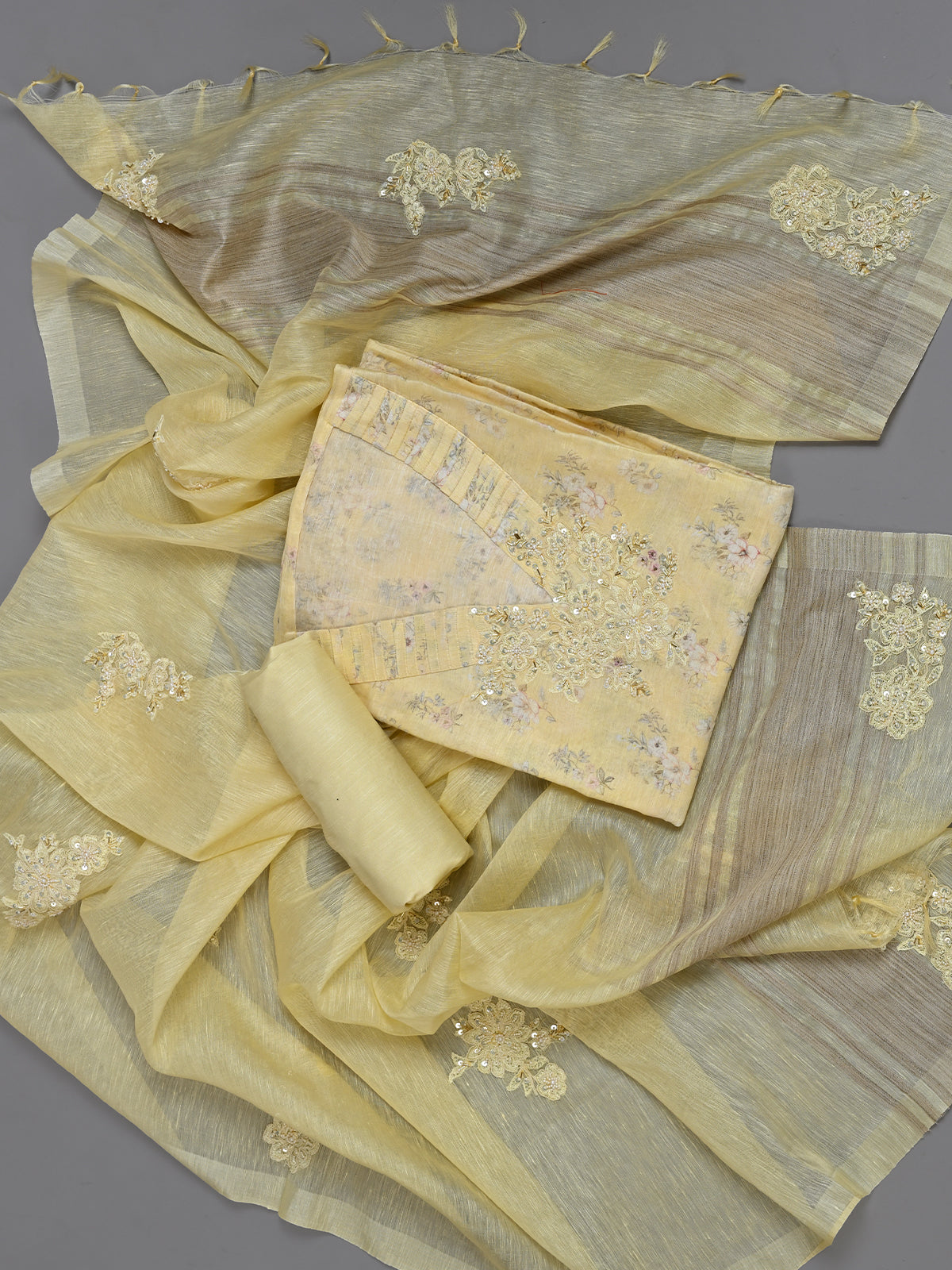 Yellow Linen Cutdana Kurta Set with Resham & Sequins Details - Unstitched