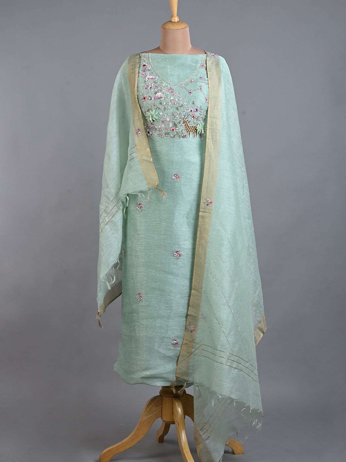 Sage Green Linen Cutdana Kurta Set Detailed with Resham Work - Unstitched