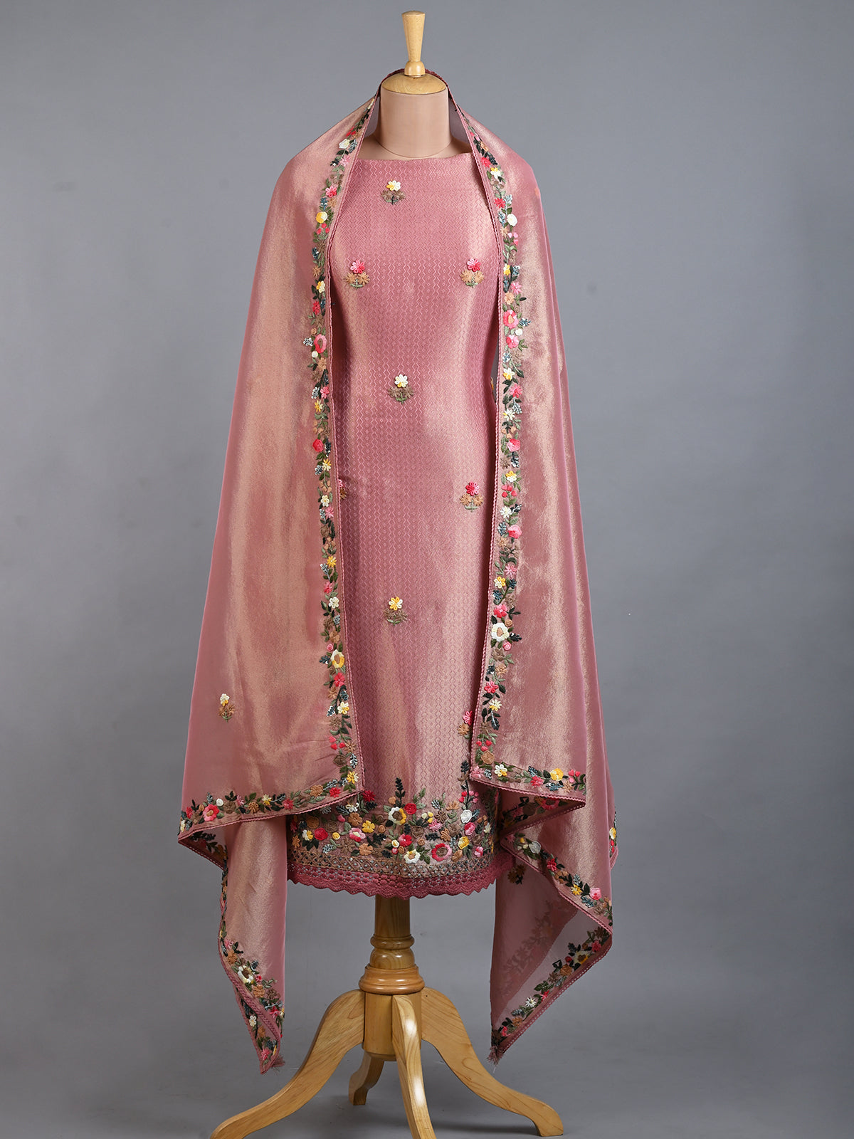 Resham Embroidered Designer Pink Tissue Kurta Set - Unstitched