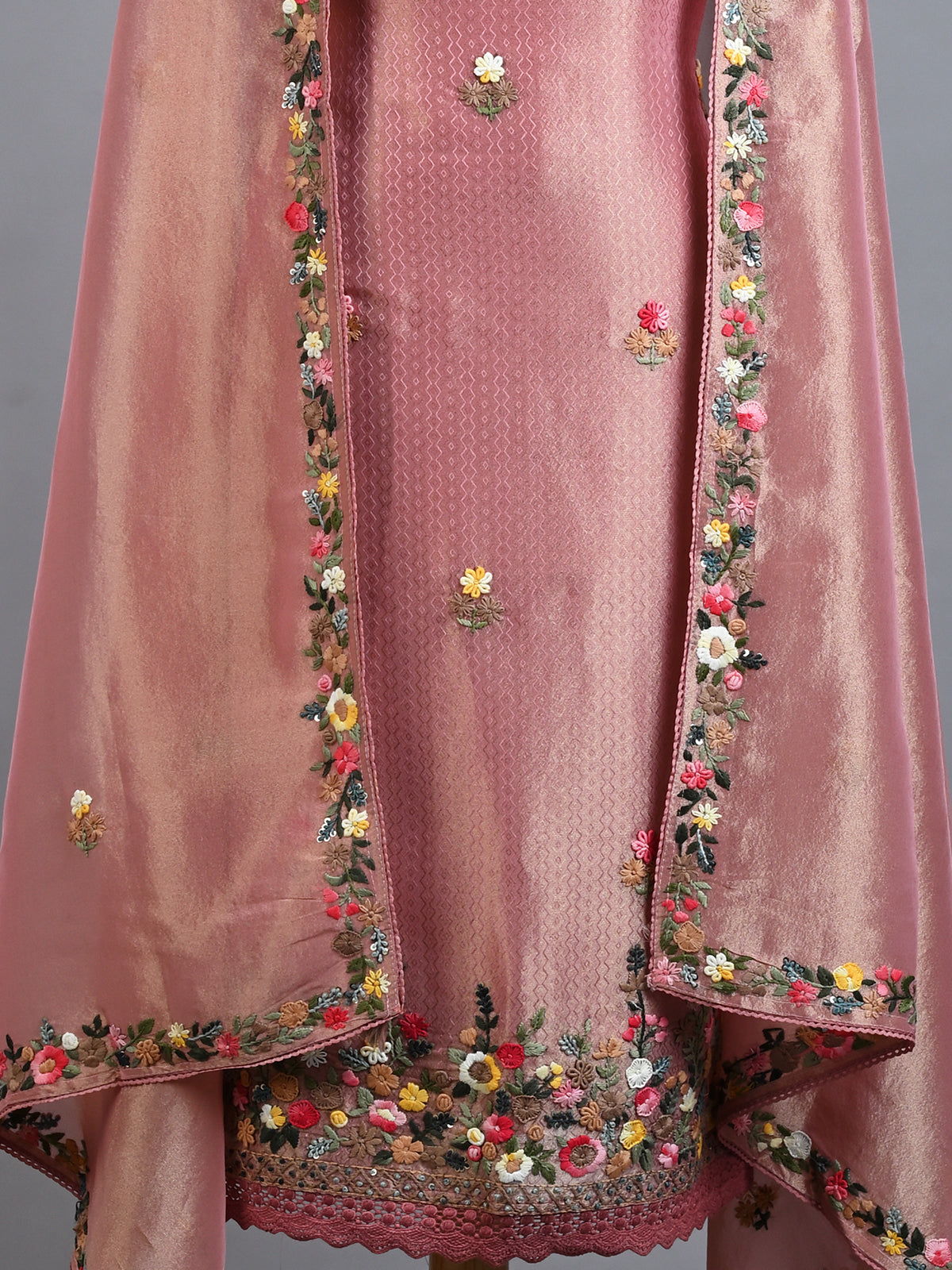 Resham Embroidered Designer Pink Tissue Kurta Set - Unstitched