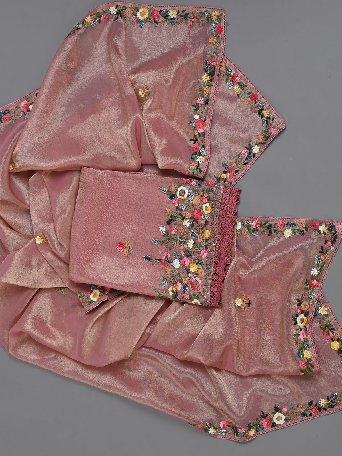 Resham Embroidered Designer Pink Tissue Kurta Set - Unstitched