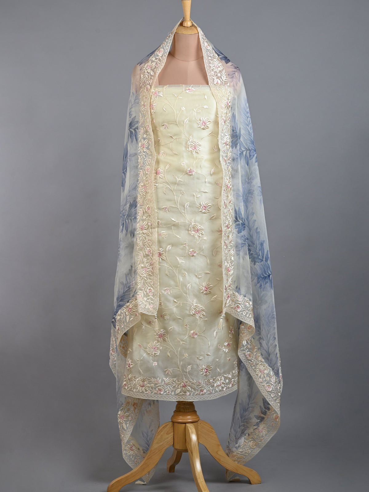 Women's Printed Embroidered Organza Kurta Set in White & Blue - Unstitched