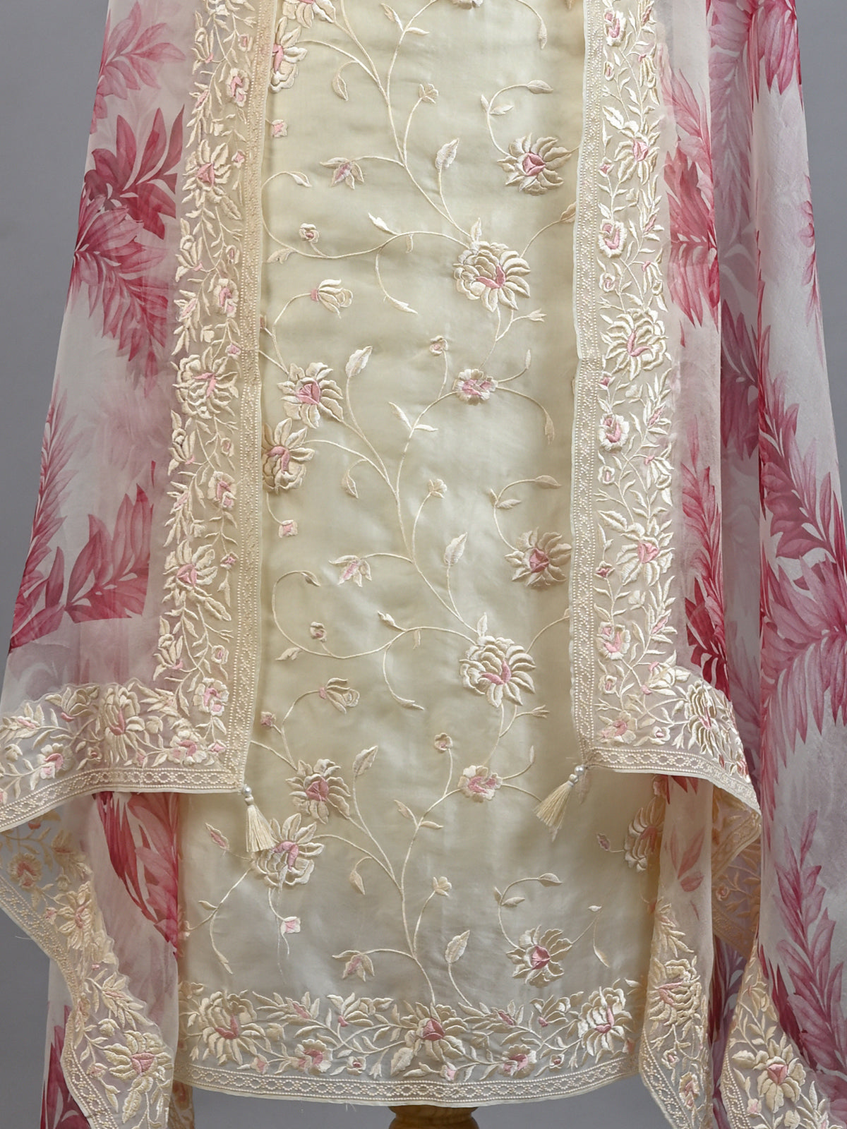 Women's Printed Embroidered Organza Kurta Set in White & Pink - Unstitched