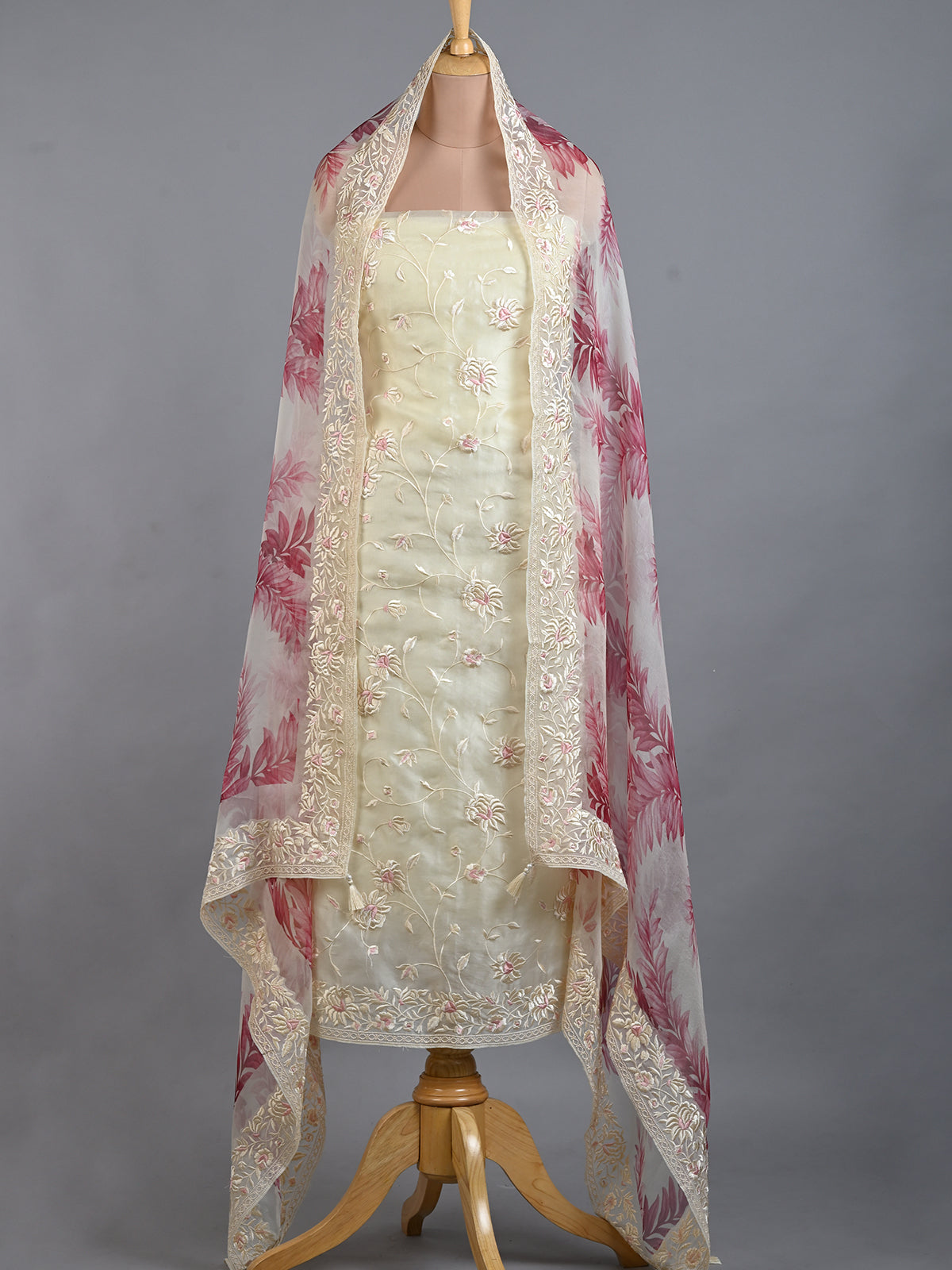 Women's Printed Embroidered Organza Kurta Set in White & Pink - Unstitched