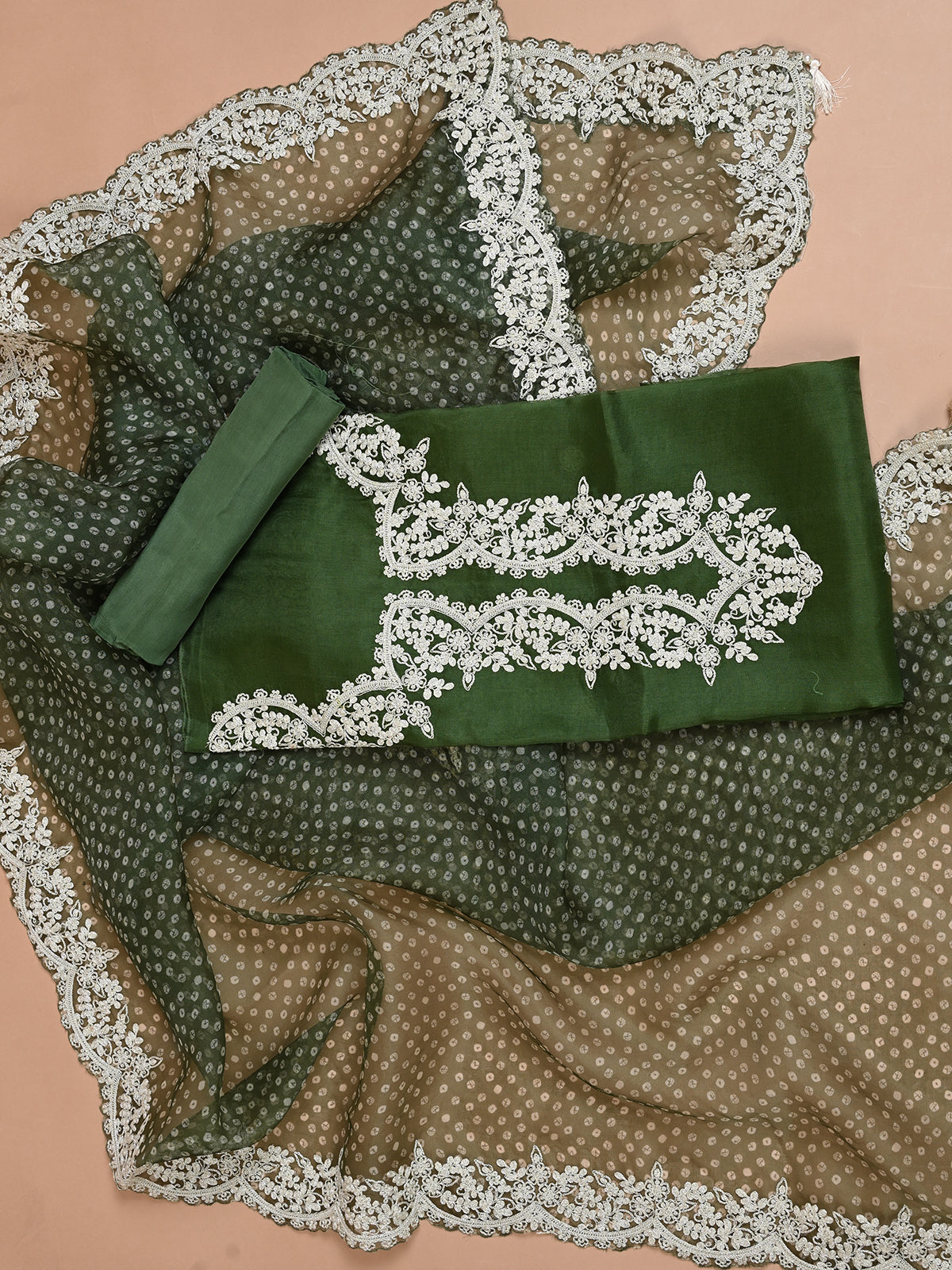 Parsi Embroidered Green Organza Kurta Set - Unstitched