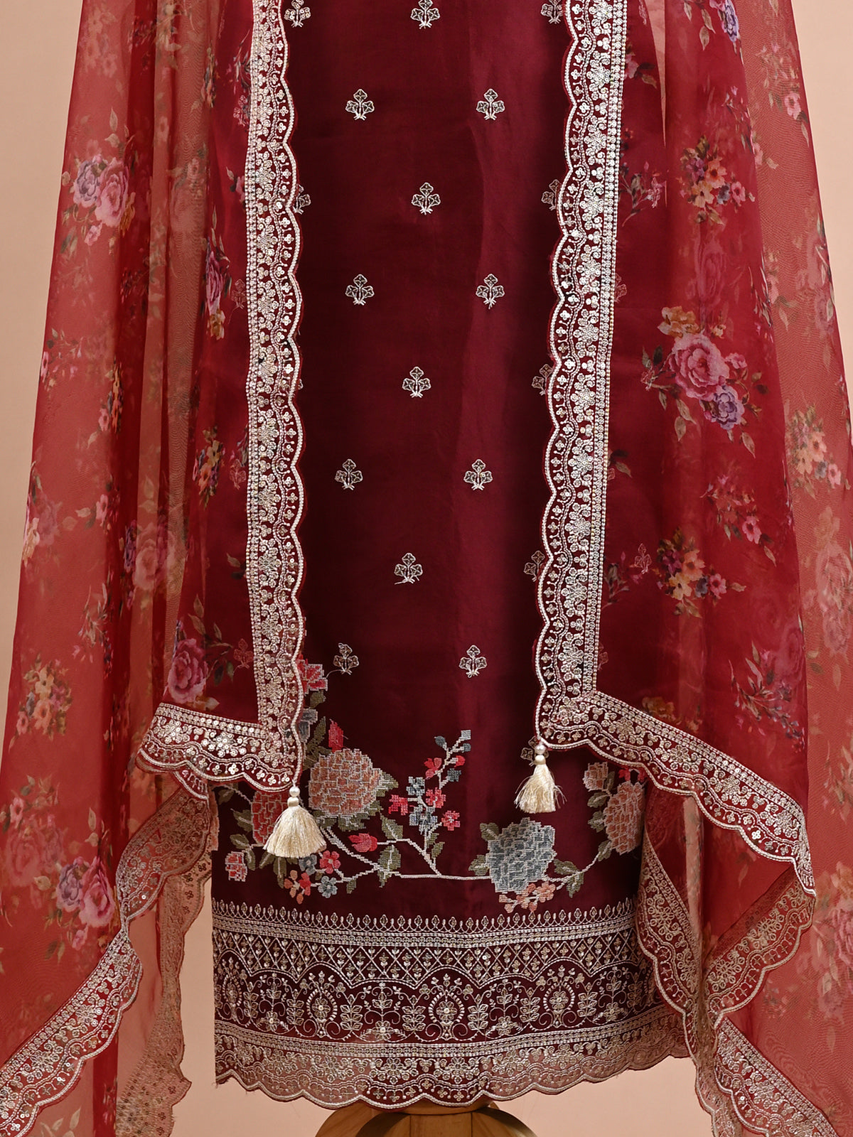 Parsi Embroidered Maroon Organza Kurta Set - Unstitched
