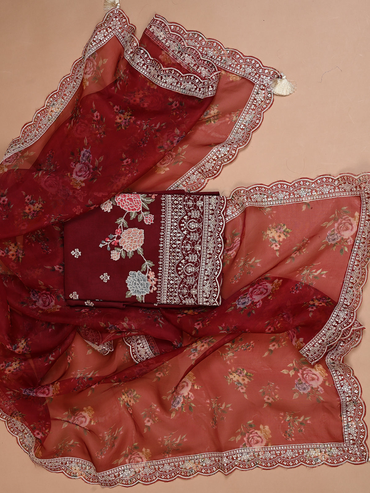 Parsi Embroidered Maroon Organza Kurta Set - Unstitched