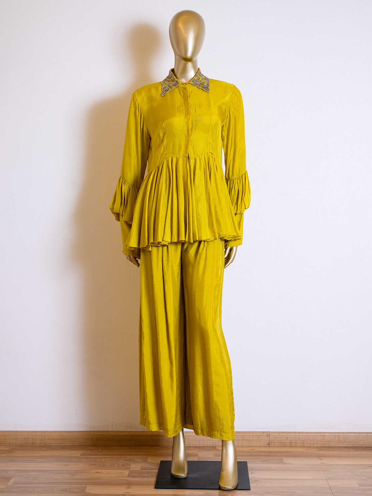 Yellow Silk Peplum Co-ord Set With Chir Work