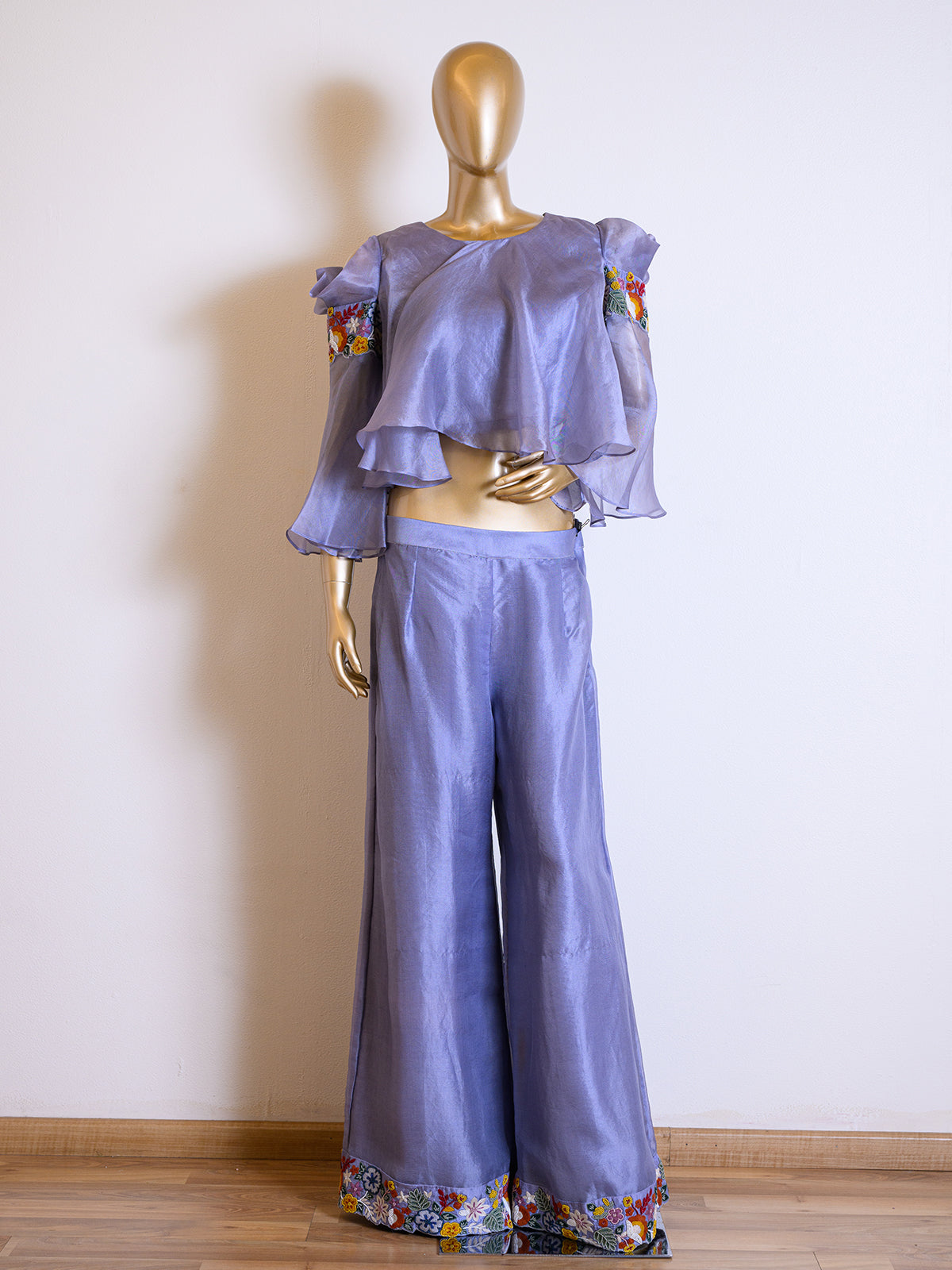 Lavender Organza Flared Top & Palazzo Set with Resham Work