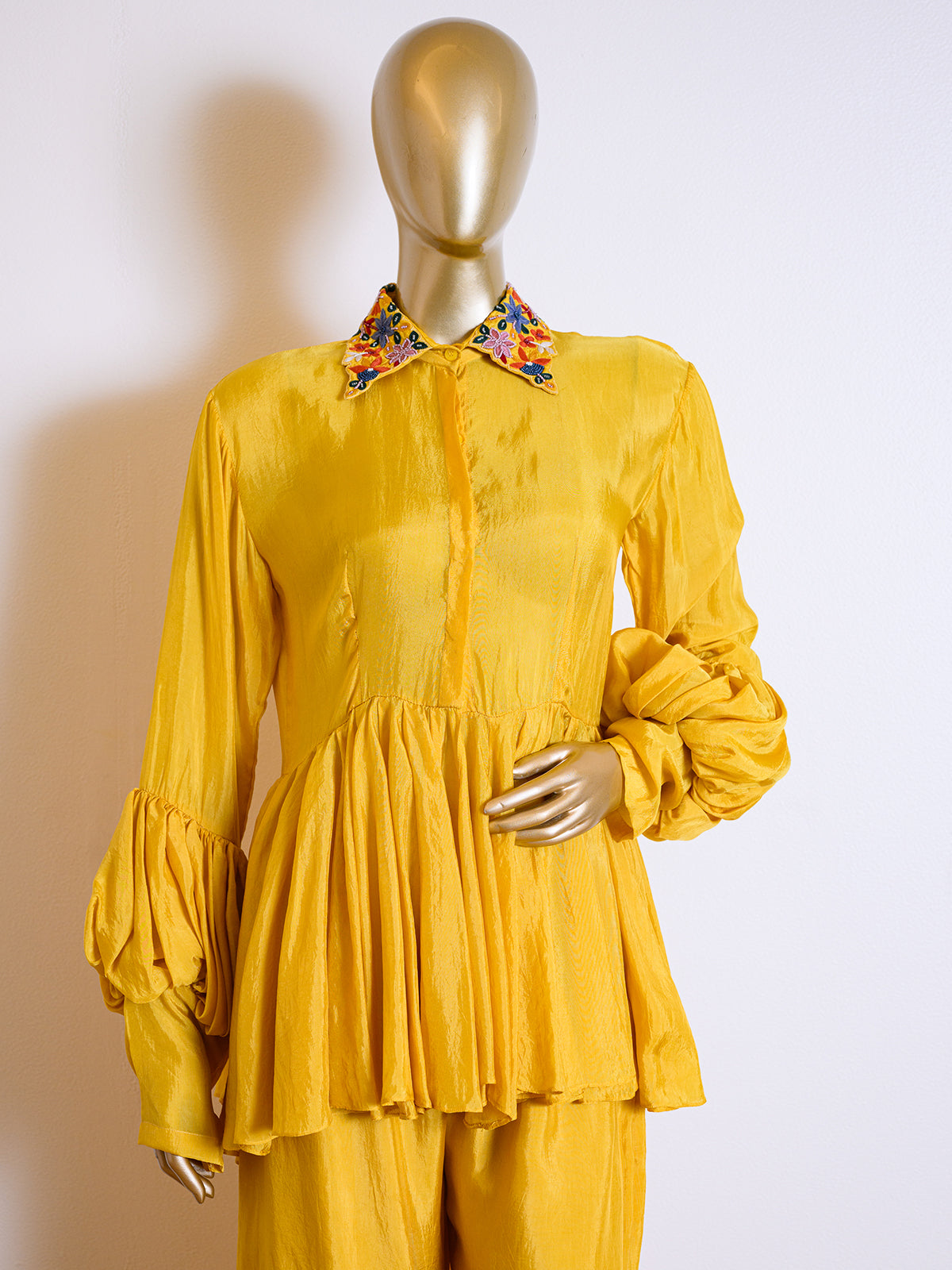 Mustard Yellow Silk Co-ord Set Embroidered with Chir Work