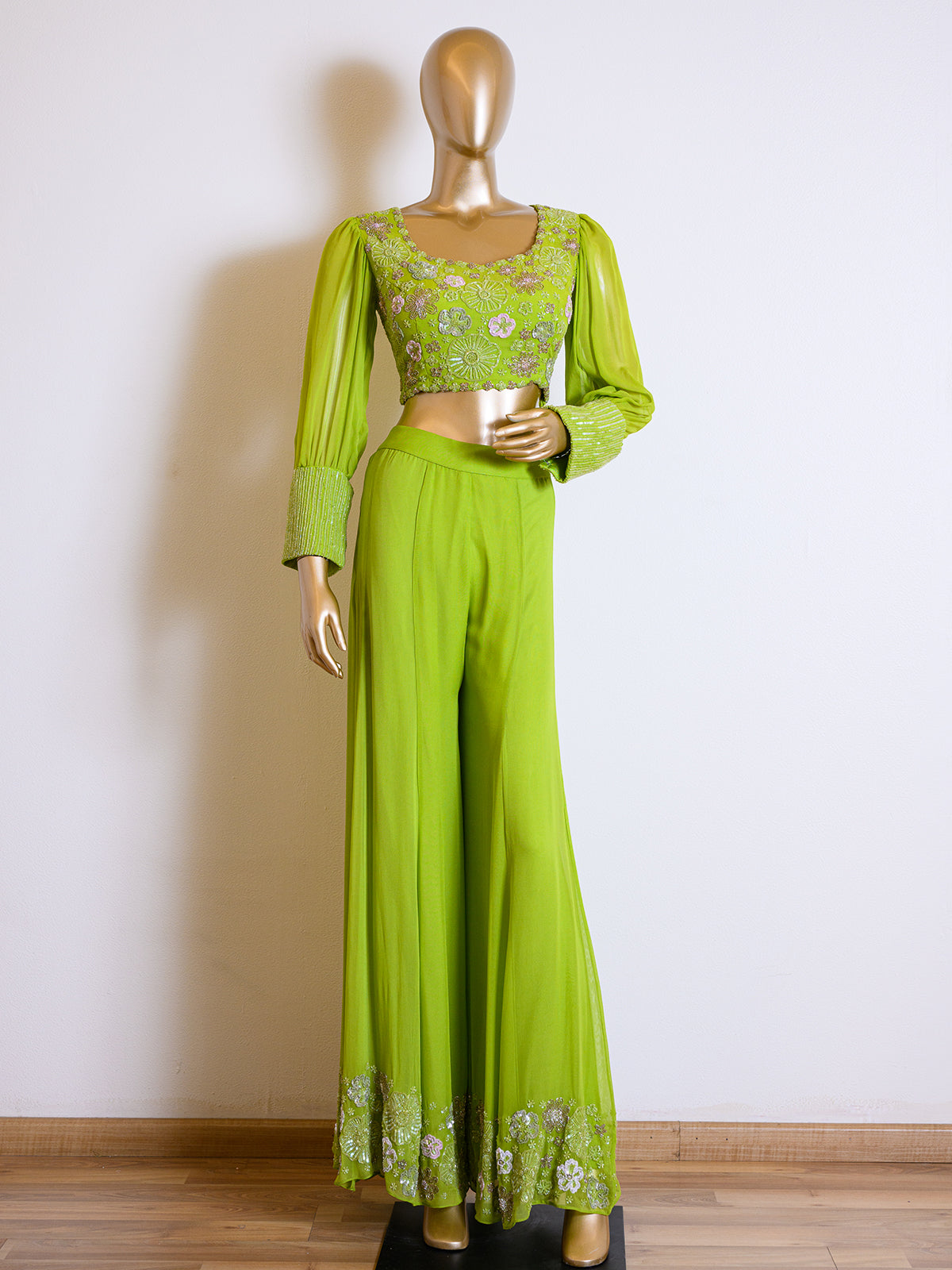 Green Georgette Sequinned Co-ord Set with Cut Dana Details