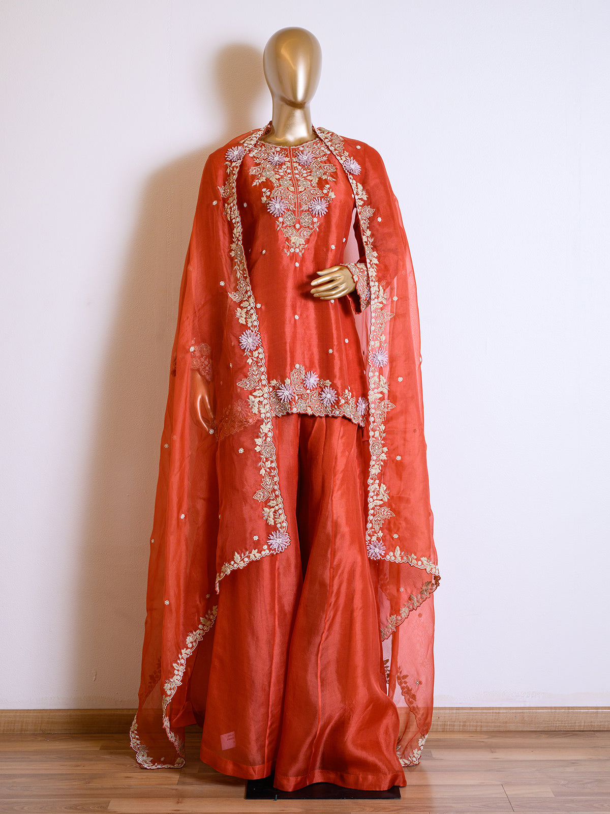 Ethnic Embroidered Rust Orange Kurta Set with Dupatta