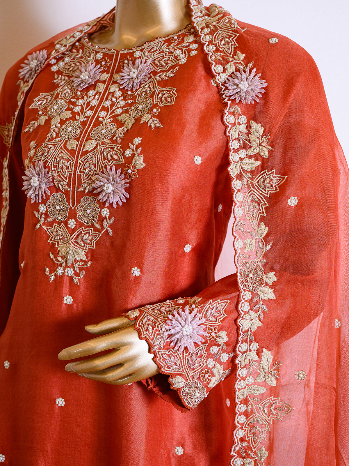 Ethnic Embroidered Rust Orange Kurta Set with Dupatta