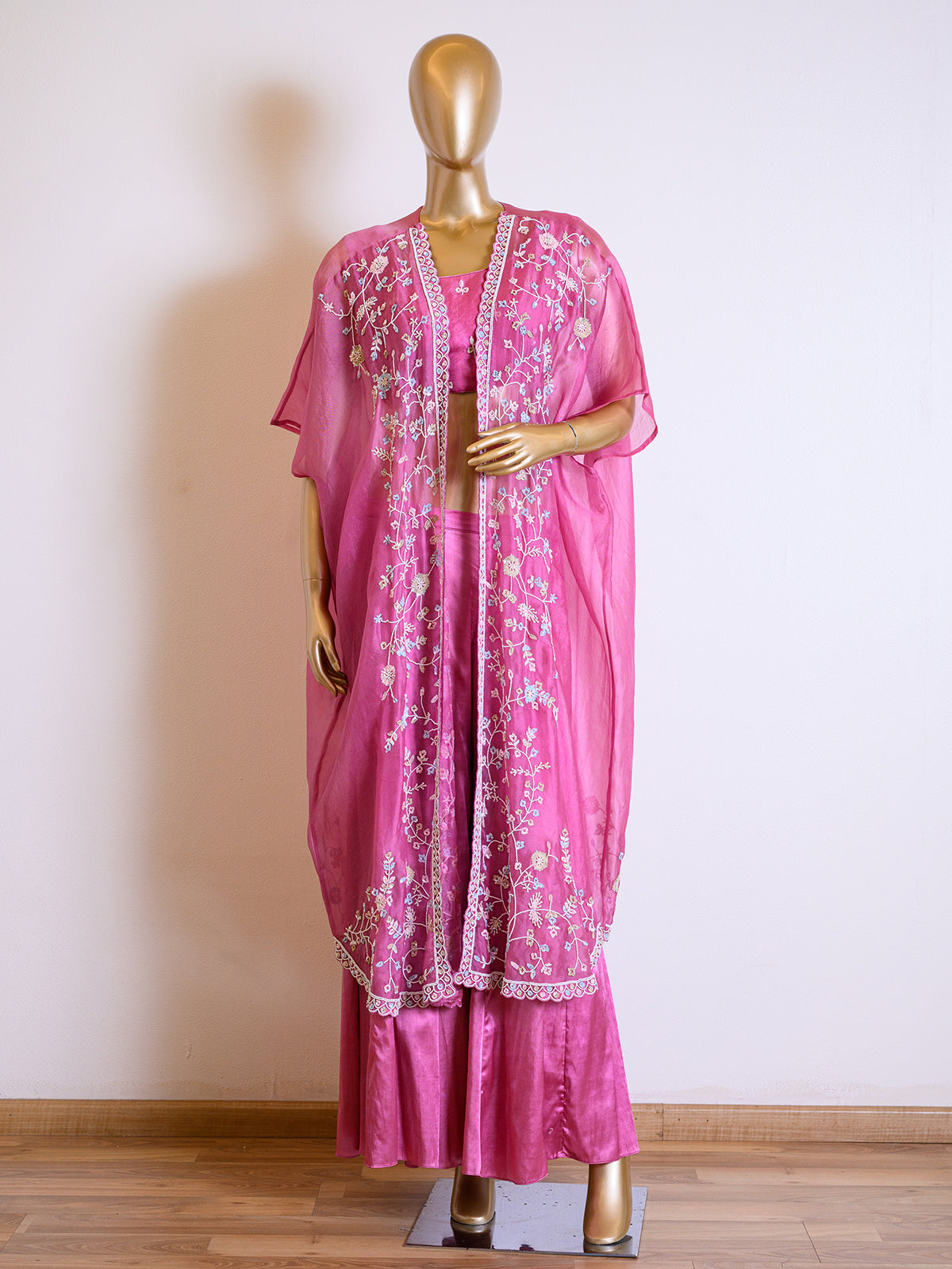 Designer Pink Sequinned Organza Cape Set with Cut Dana Details