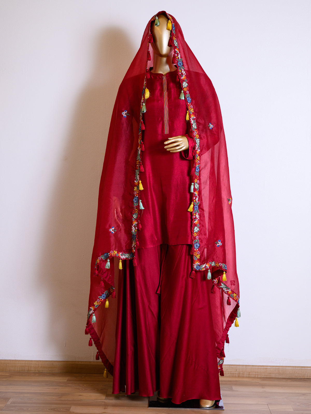 Resham Embroidered Red Organza Kurta Set with Dupatta