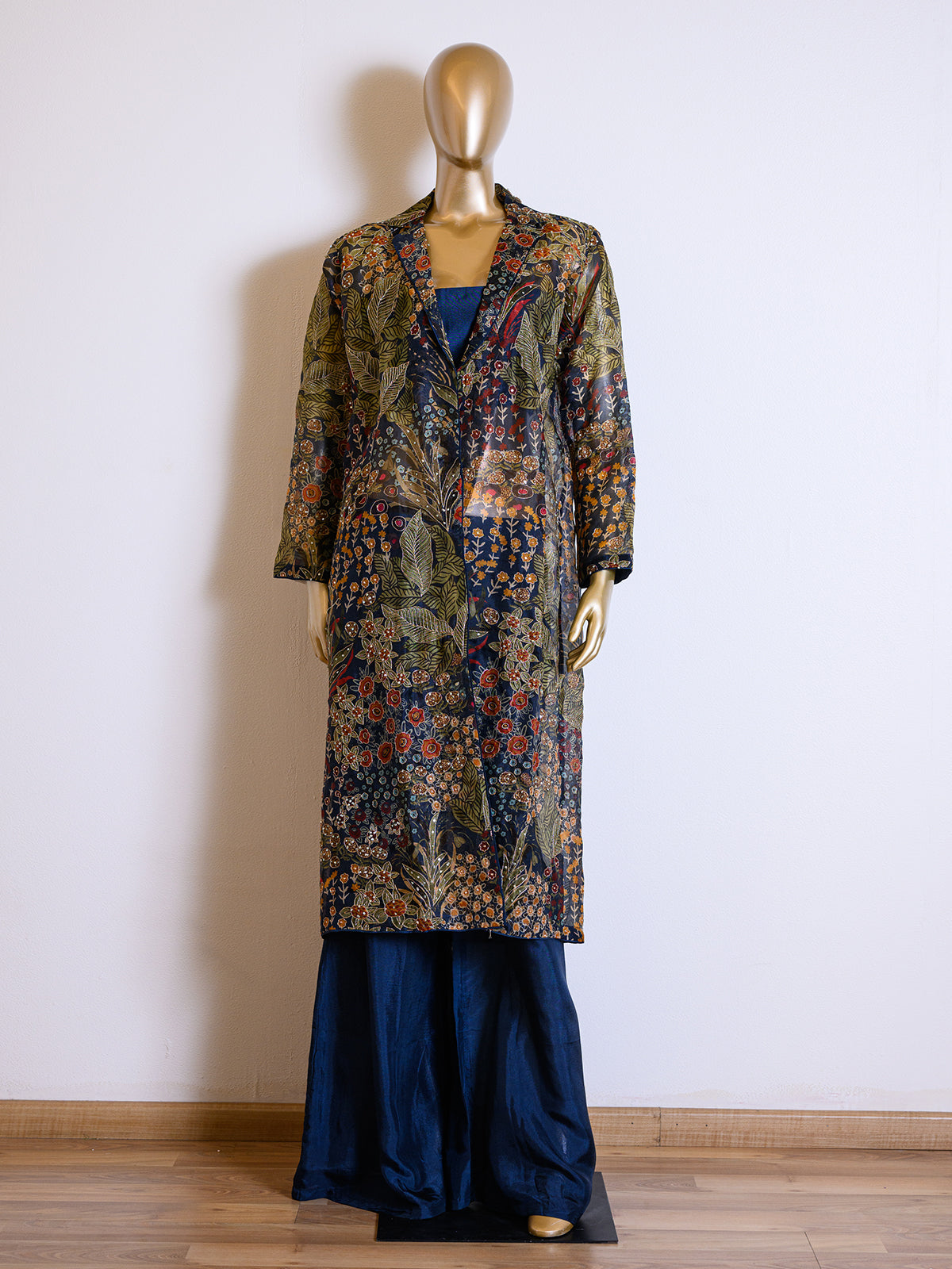 Elegant Deep Blue Organza Cutdana Jacket Set with Sequins