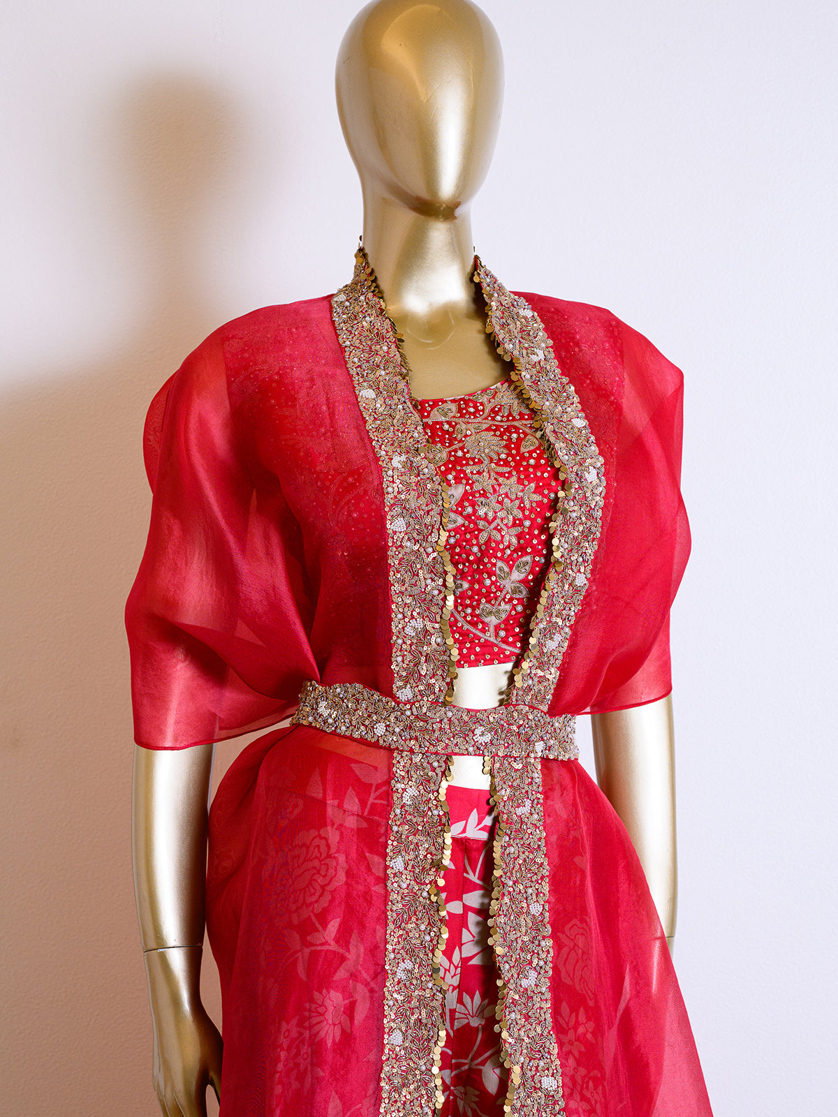 Charming Red Organza Cape Set Embroidered with Pearls & Chir Work