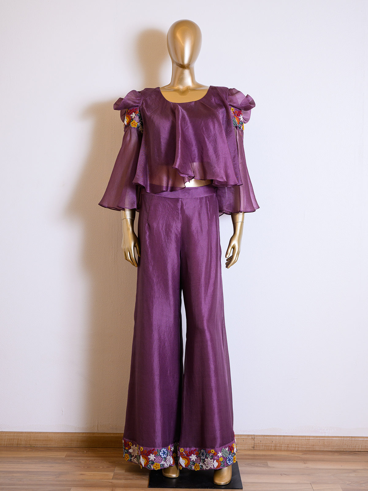 Purple Organza Flared Top & Palazzo Set with Resham Work