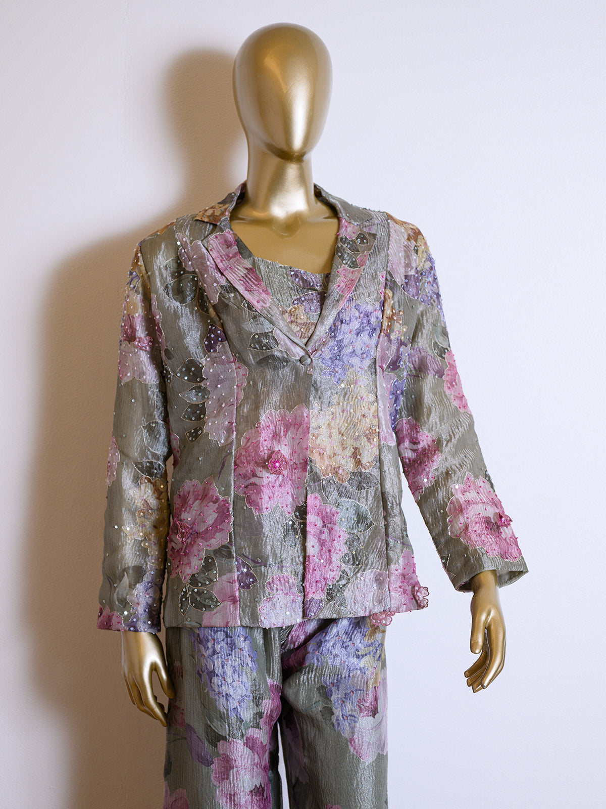 Green Printed Tissue Sequinned Jacket Set
