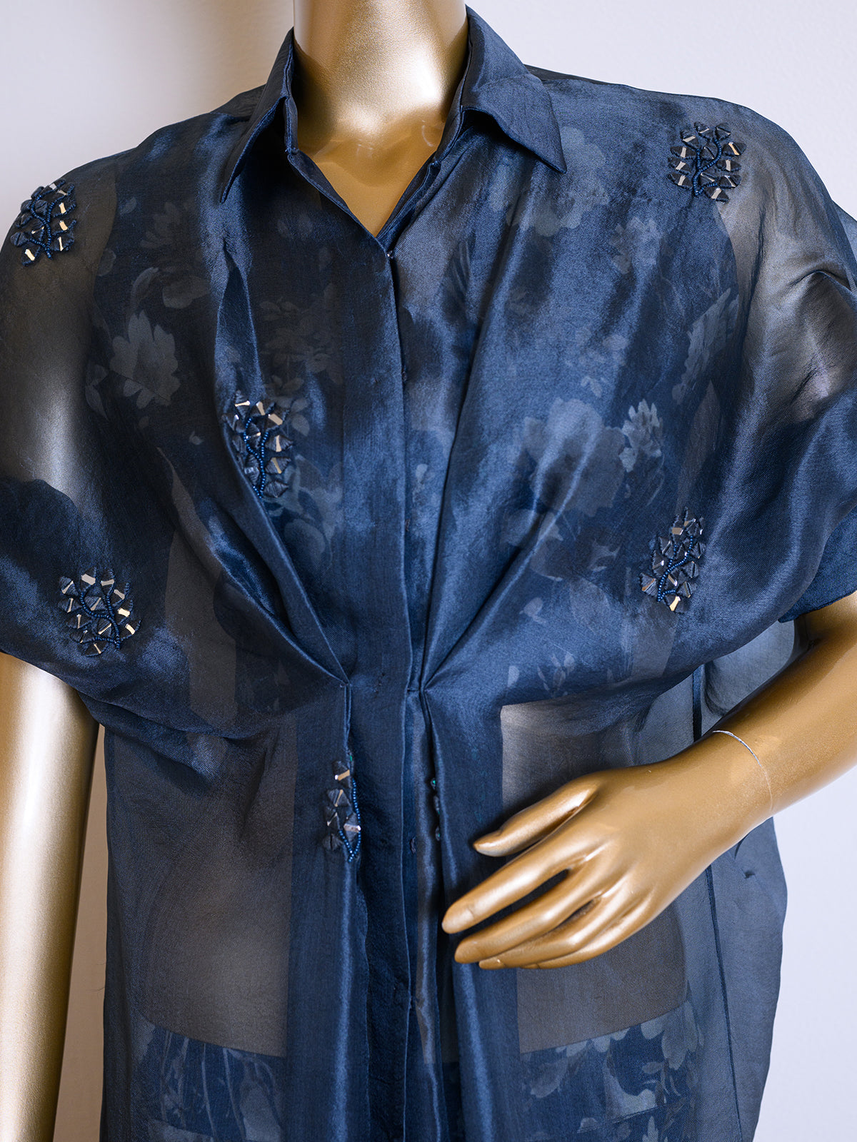 Printed Organza Deep Blue Jacket Set Detailed with Mirror Work