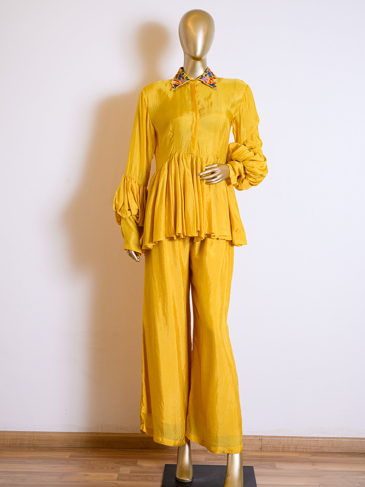 Mustard Yellow Silk Co-ord Set Embroidered with Chir Work
