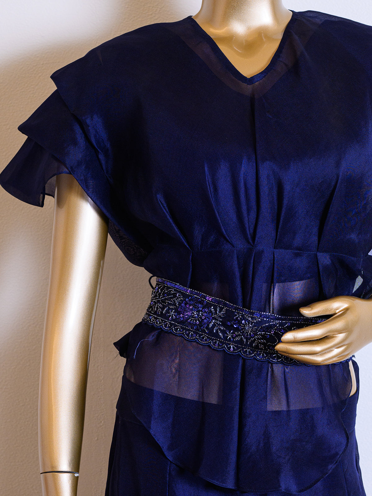 Deep Blue Organza Co-ord Set with Pleated Cut Dana Details