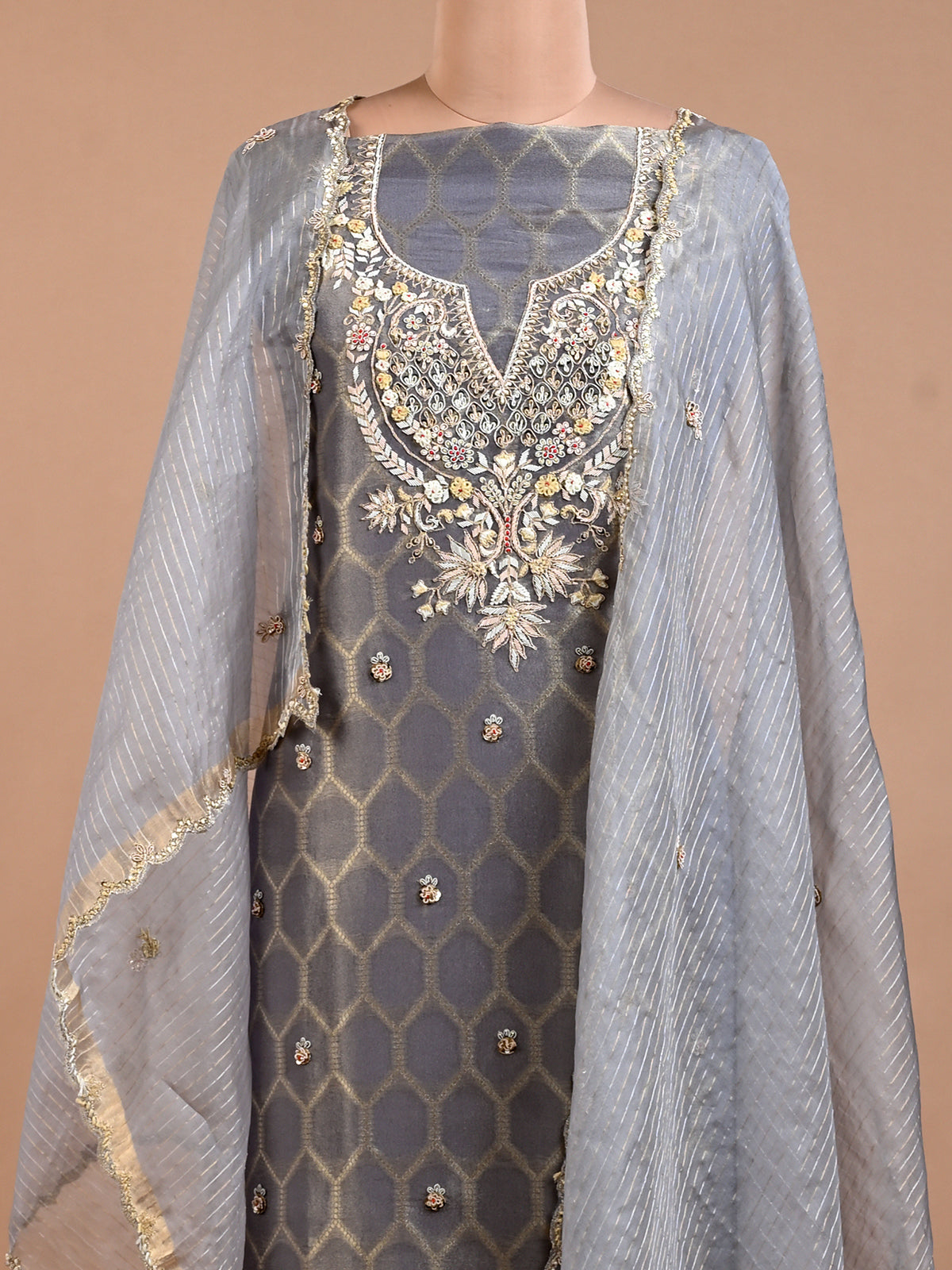 Grey Organza Kurta Set with Zardozi Work - Unstitched