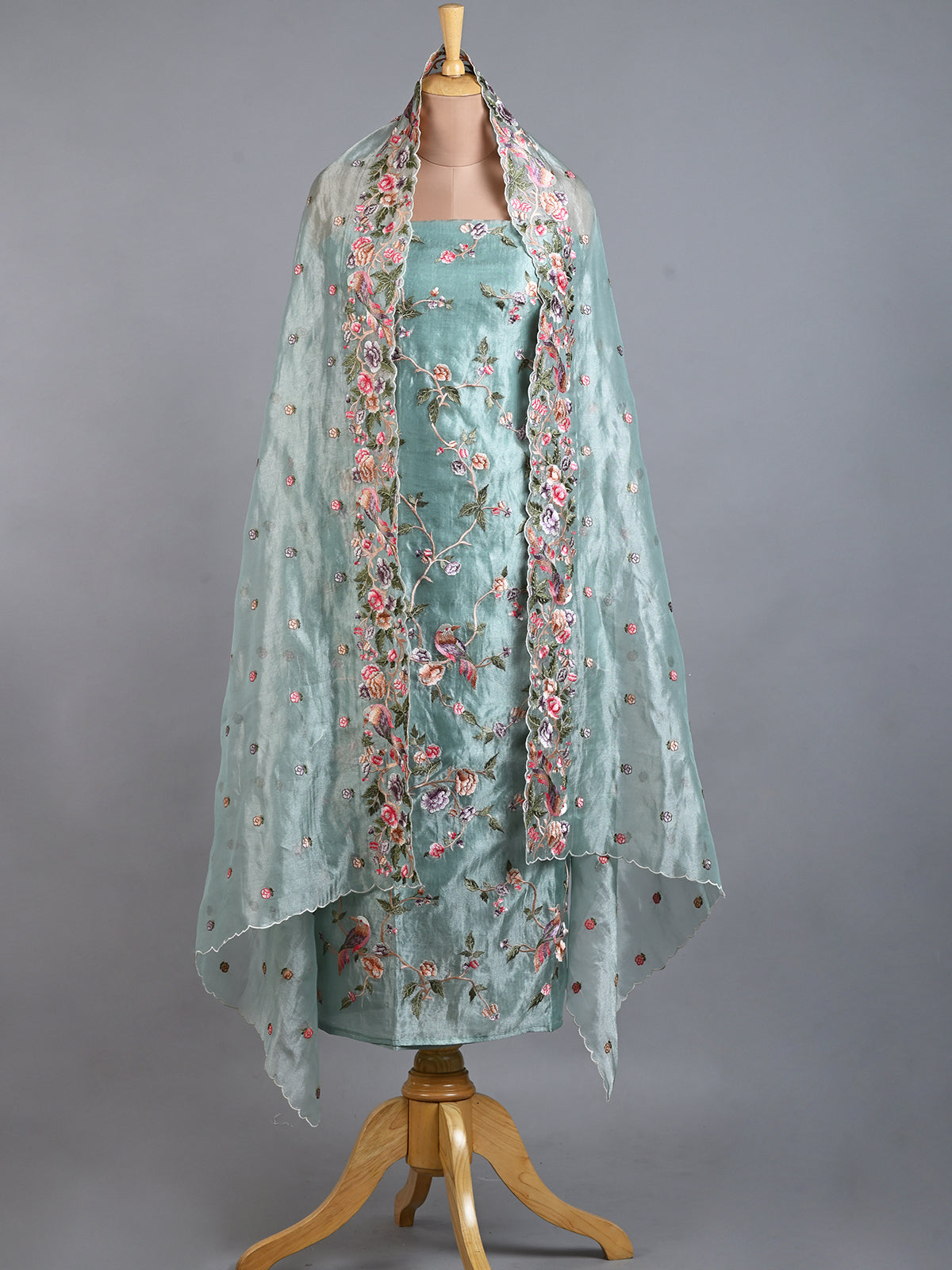 Sky Blue Tissue Embroidered Kurta Set with Dupatta - Unstitched