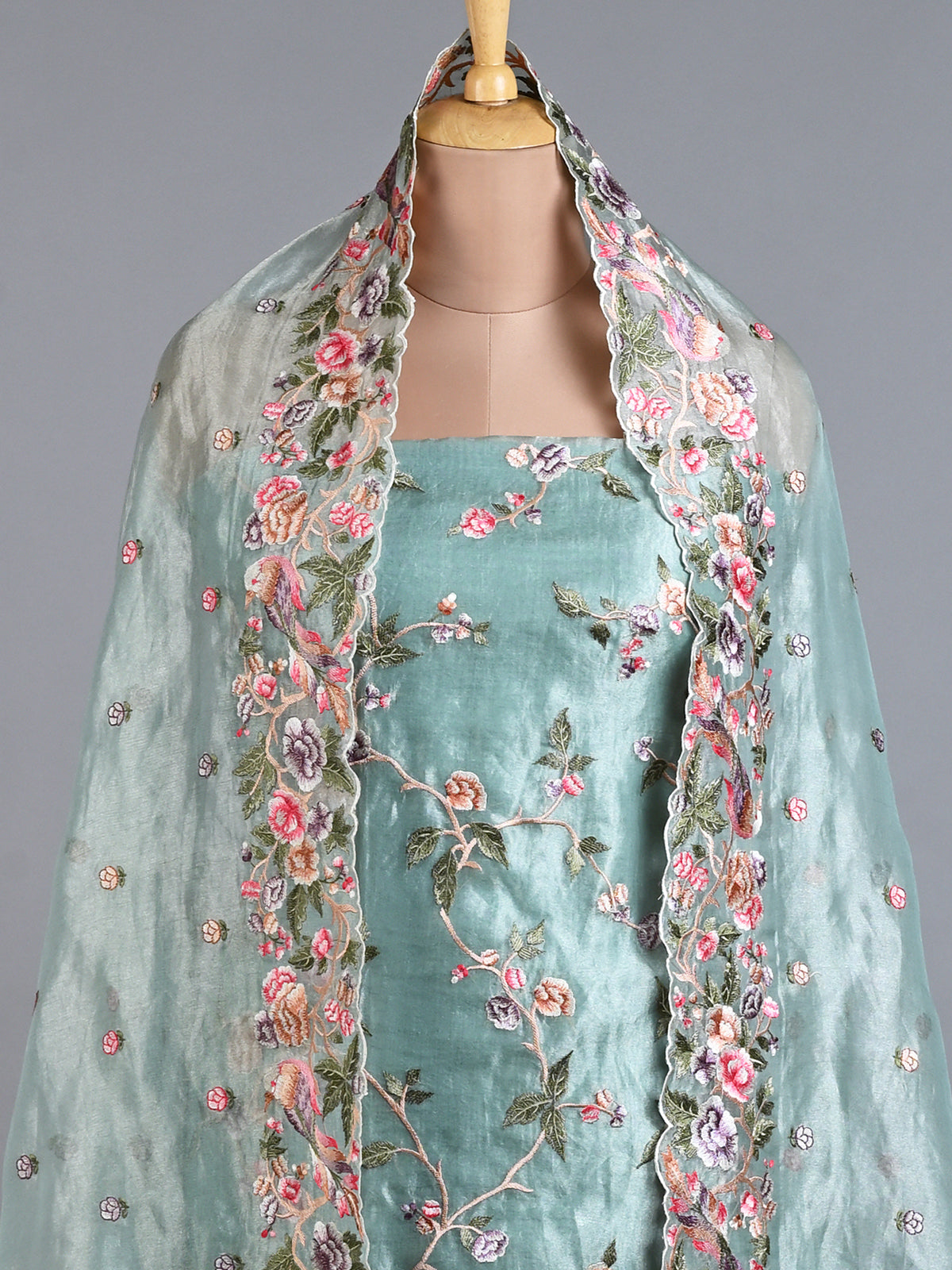 Sky Blue Tissue Embroidered Kurta Set with Dupatta - Unstitched
