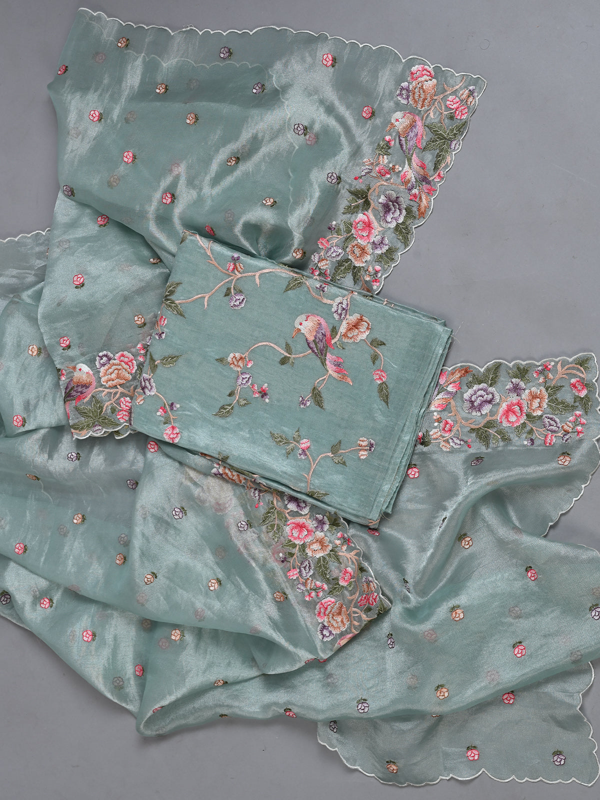 Sky Blue Tissue Embroidered Kurta Set with Dupatta - Unstitched