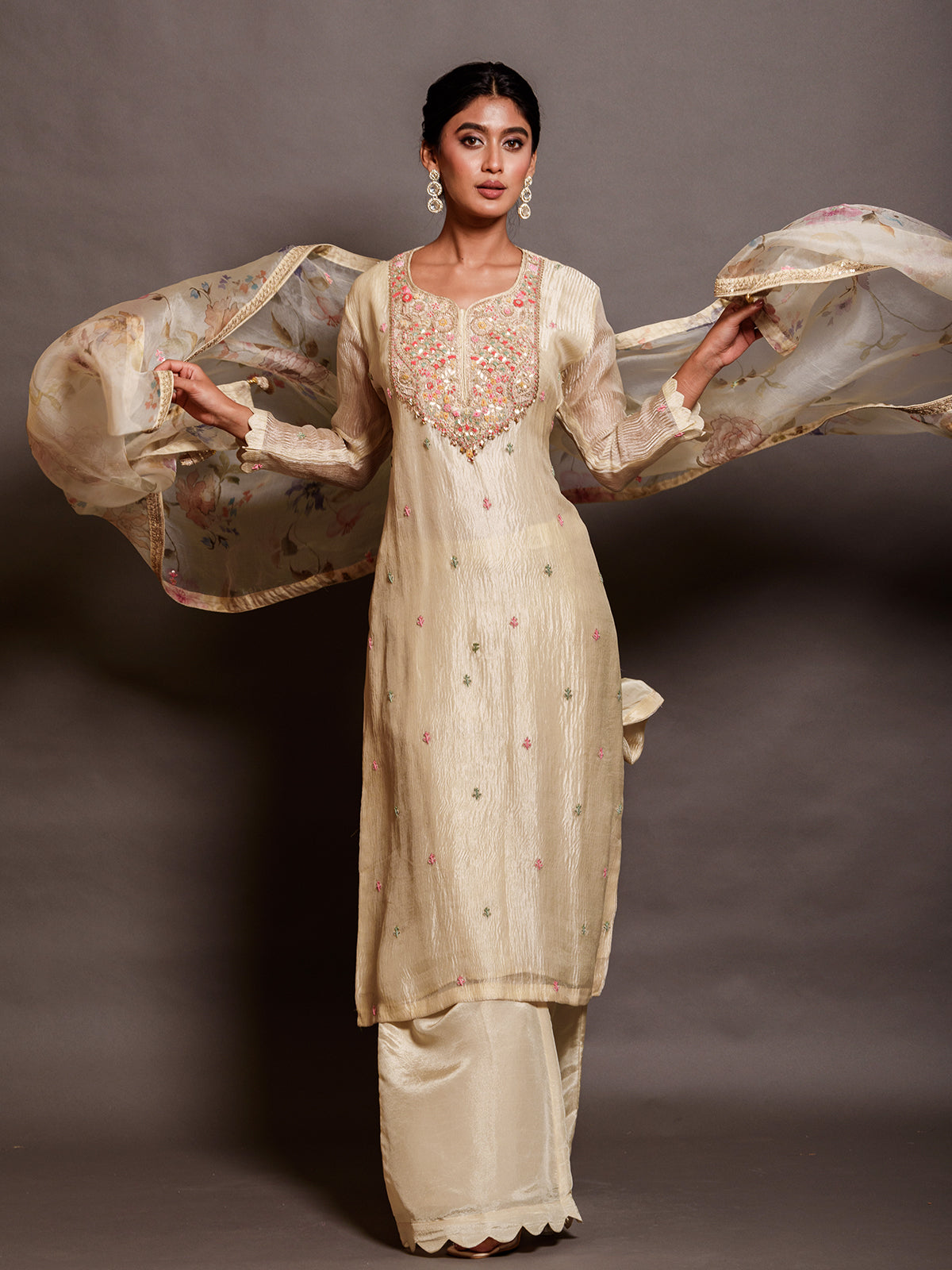 Cream White Tissue Kurta and Palazzo Ensemble