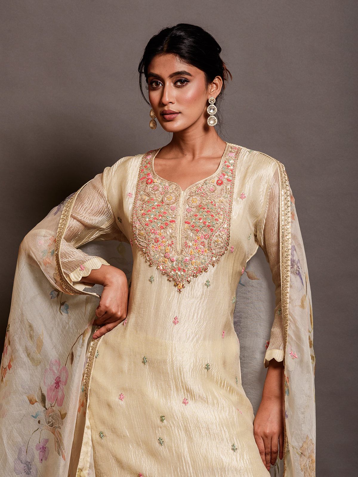 Cream White Tissue Kurta and Palazzo Ensemble