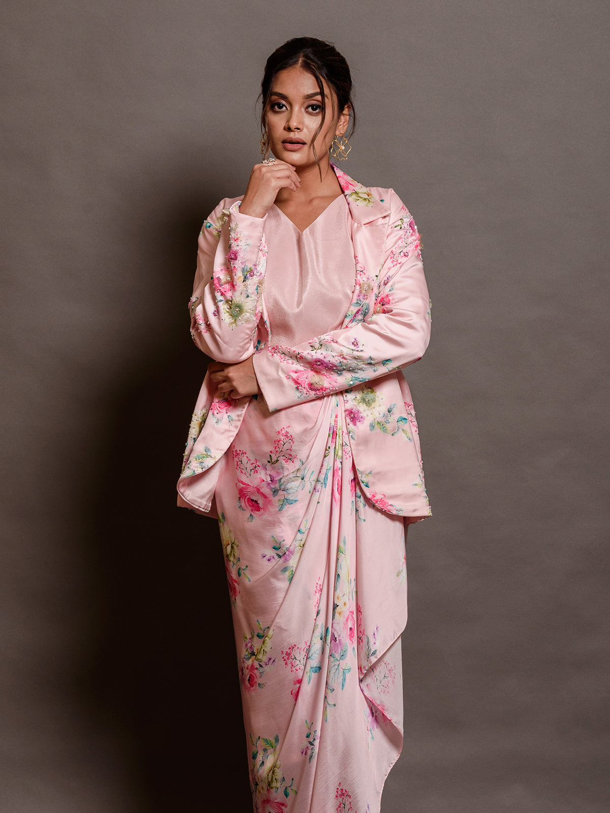Floral Printed Satin Pink Cutdana Jacket Set with Tikki Work