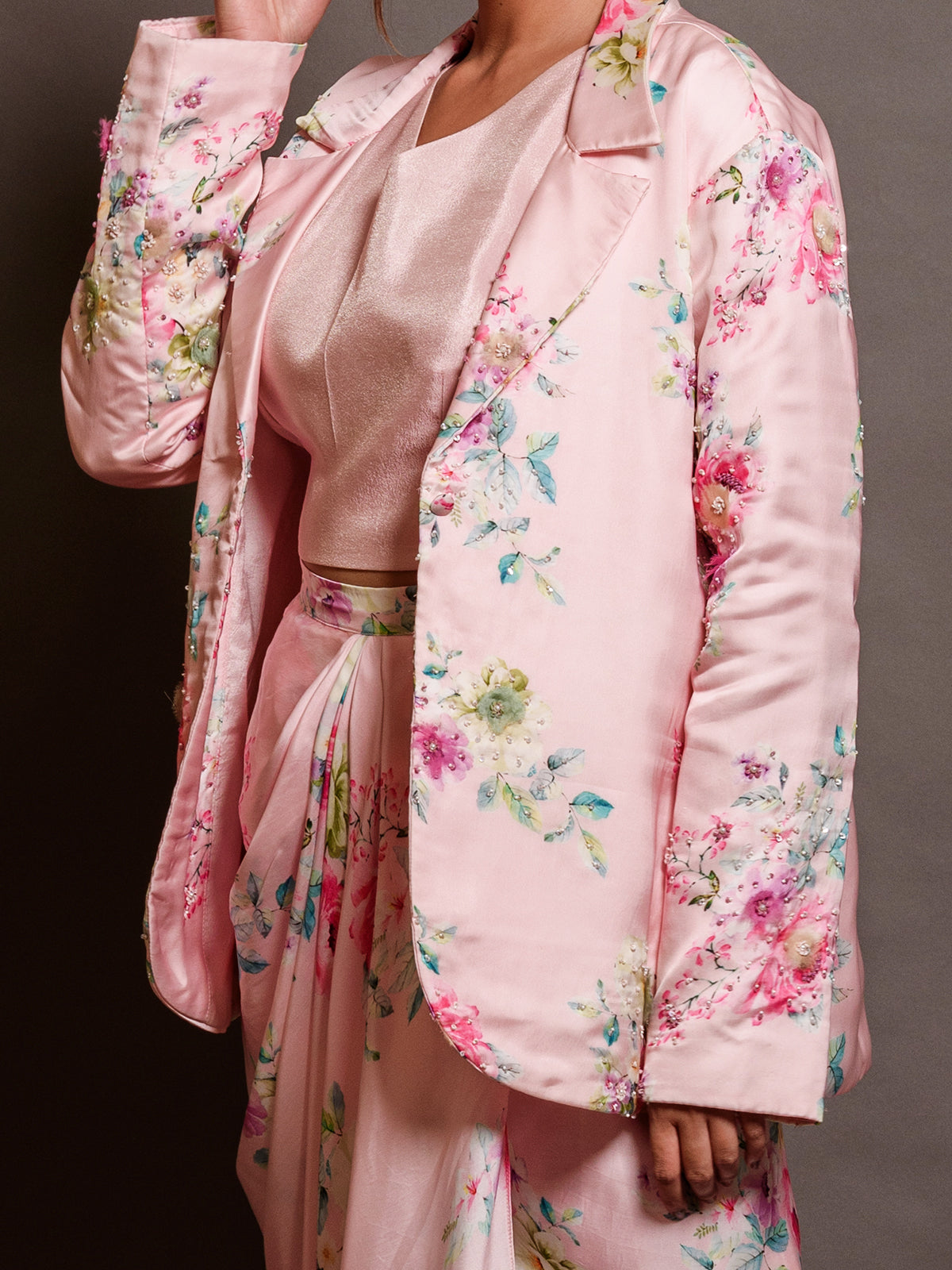 Floral Printed Satin Pink Cutdana Jacket Set with Tikki Work