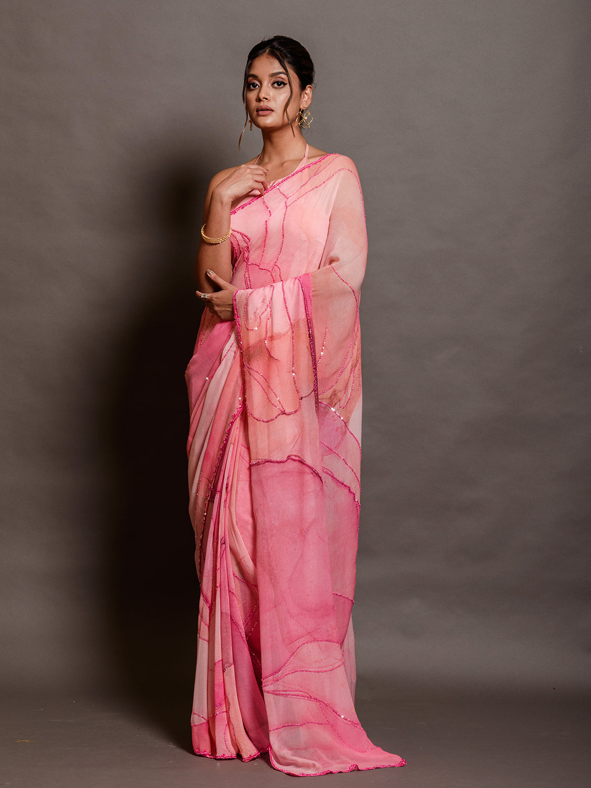 Pink Chiffon Prined Saree Detailed with Sequins Embellishment