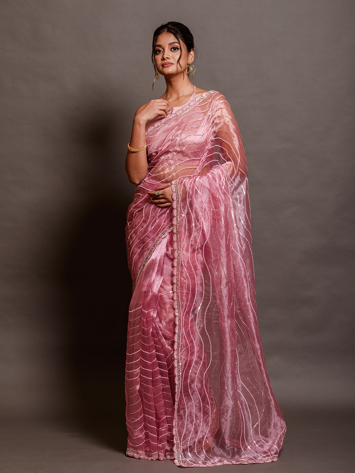 Pink Korean Silk Sequinned Saree