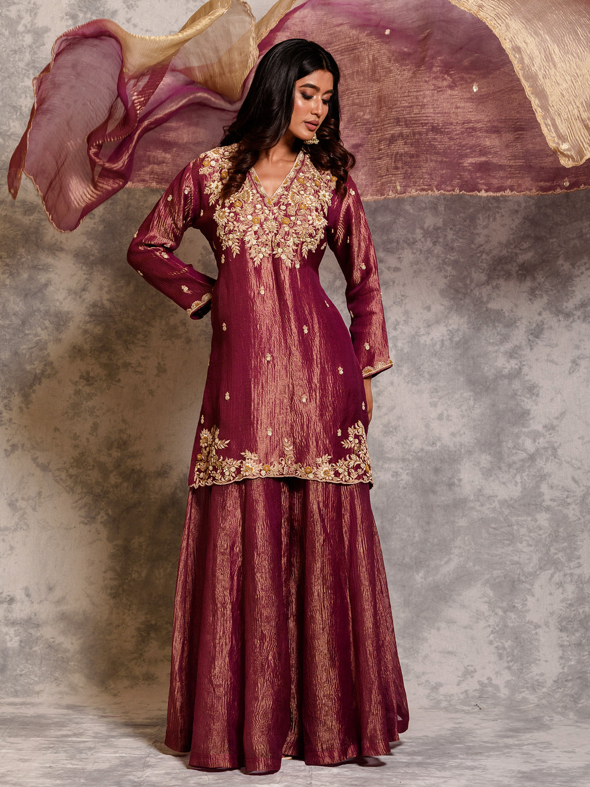 Wine Purple Tissue Sequinned Kurta Set with Dabka & Thread Work