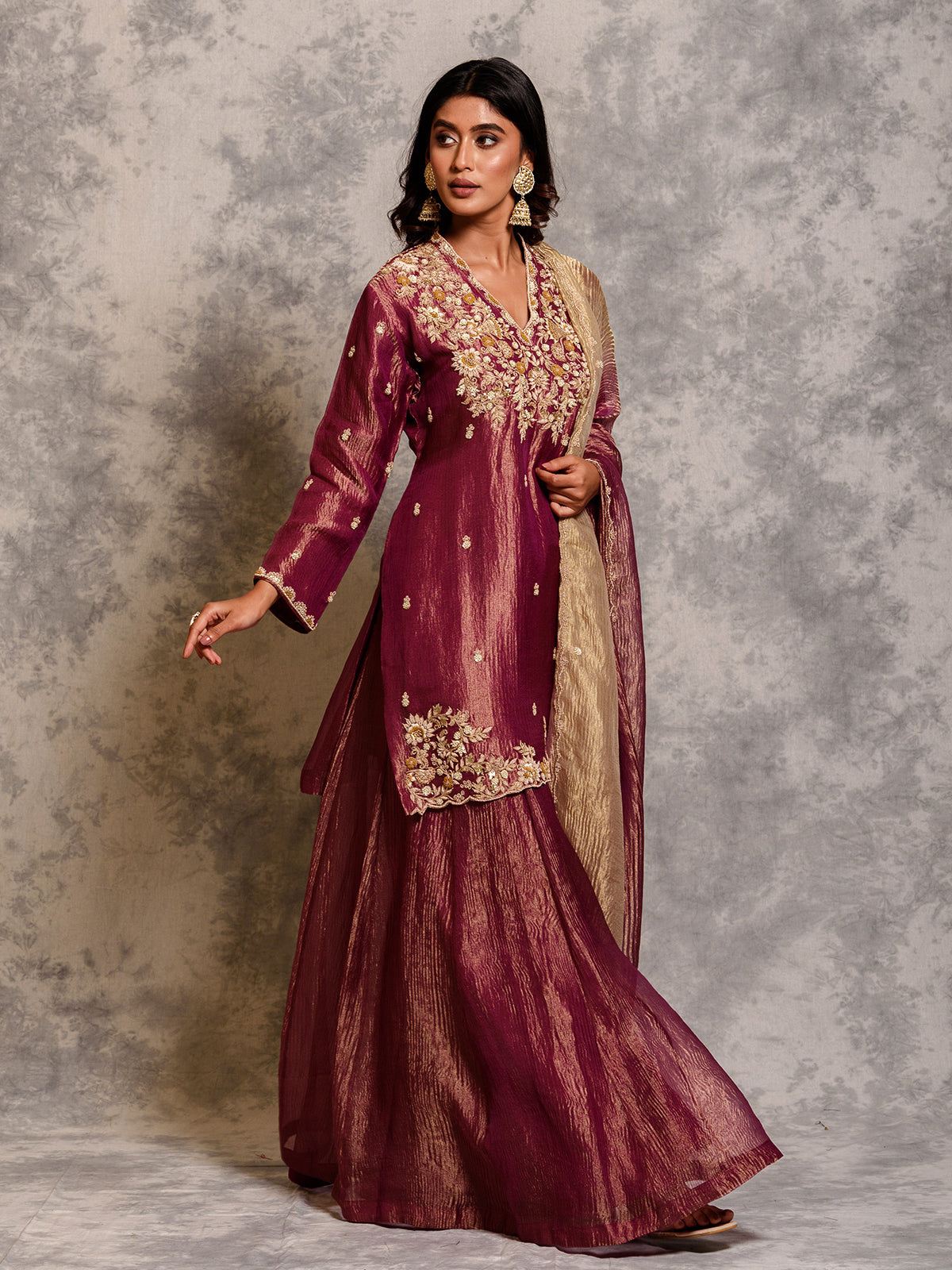 Wine Purple Tissue Sequinned Kurta Set with Dabka & Thread Work
