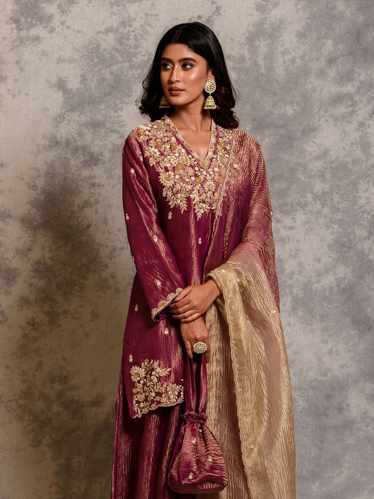 Wine Purple Tissue Sequinned Kurta Set with Dabka & Thread Work