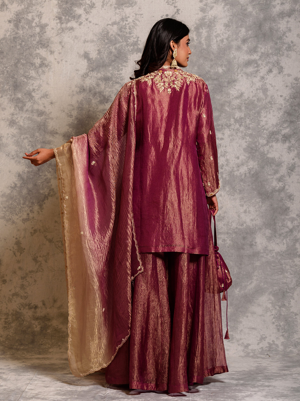 Wine Purple Tissue Sequinned Kurta Set with Dabka & Thread Work