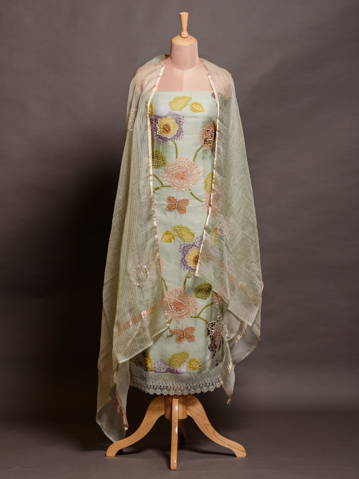 Printed Green Kurta Set with Tikki & Cutdana Highlight - Unstitched